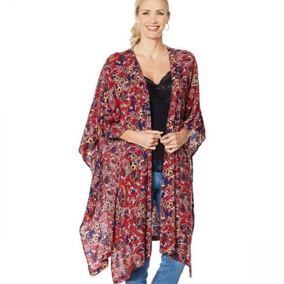 Rhonda Shear printed open kimono top with side ties, sz M/L, boho, red - Picture 1 of 7